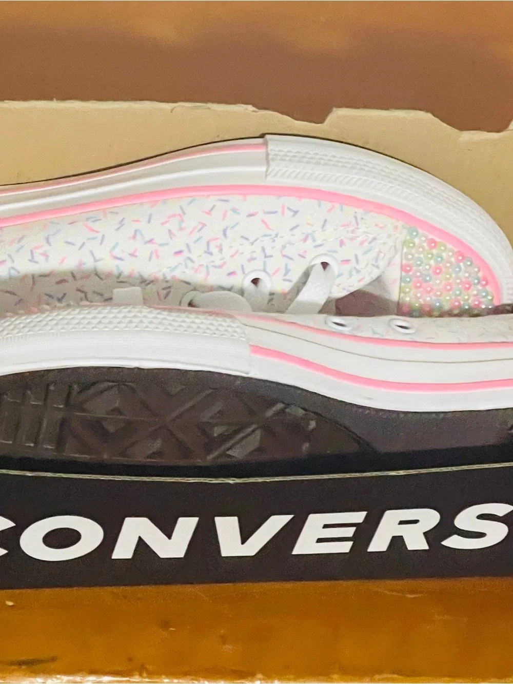 Converse Kids White Sneakers with Pink Trim and Pastel Sprinkle Print